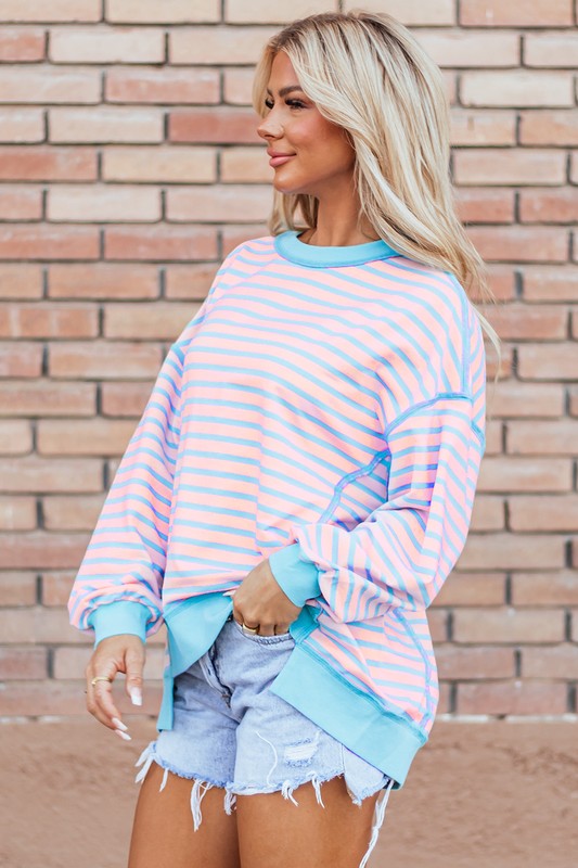Isis | High-low pullover sweatshirt with stripes and contrast trim