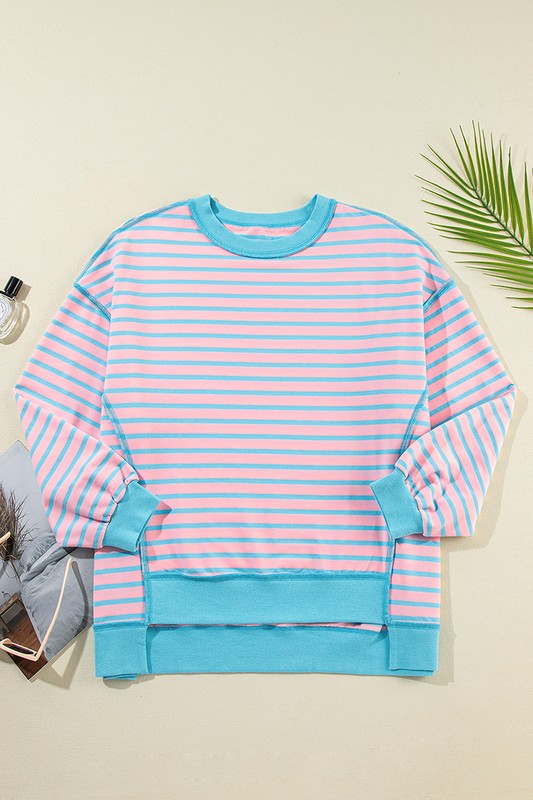Isis | High-low pullover sweatshirt with stripes and contrast trim