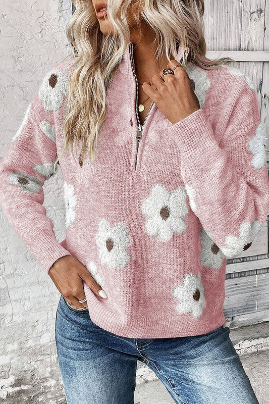 Estela | Women's floral print sweater with zip and dropped shoulder