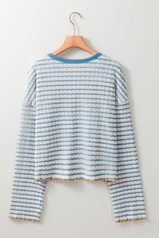 Monica | Striped long sleeve henley top with ruffle trim and texture