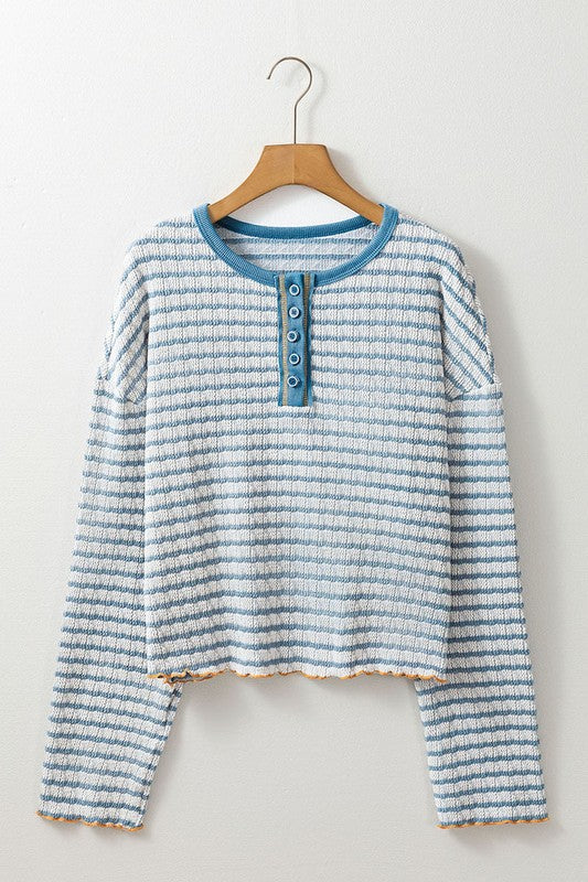 Monica | Striped long sleeve henley top with ruffle trim and texture