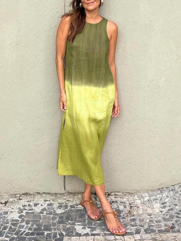 Melanie® | Sleeveless Cotton And Linen Long Dress With Slit And Gradient Tie-Dye