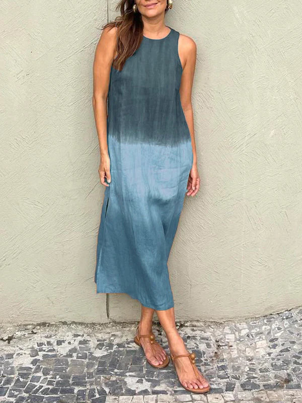 Melanie® | Sleeveless Cotton And Linen Long Dress With Slit And Gradient Tie-Dye