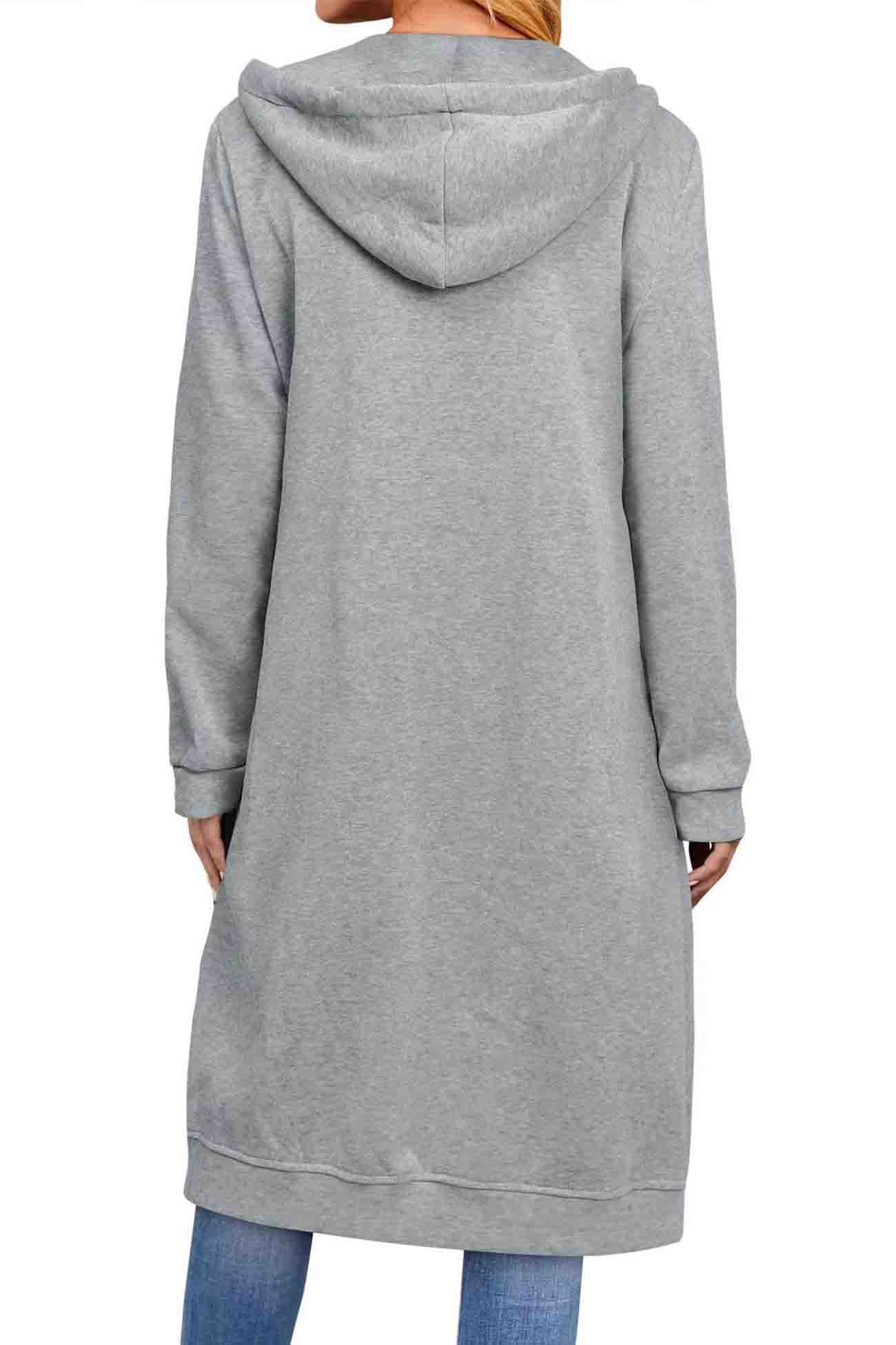 Jacqueline | Solid long cardigan with hood and drawstring and zip fastening