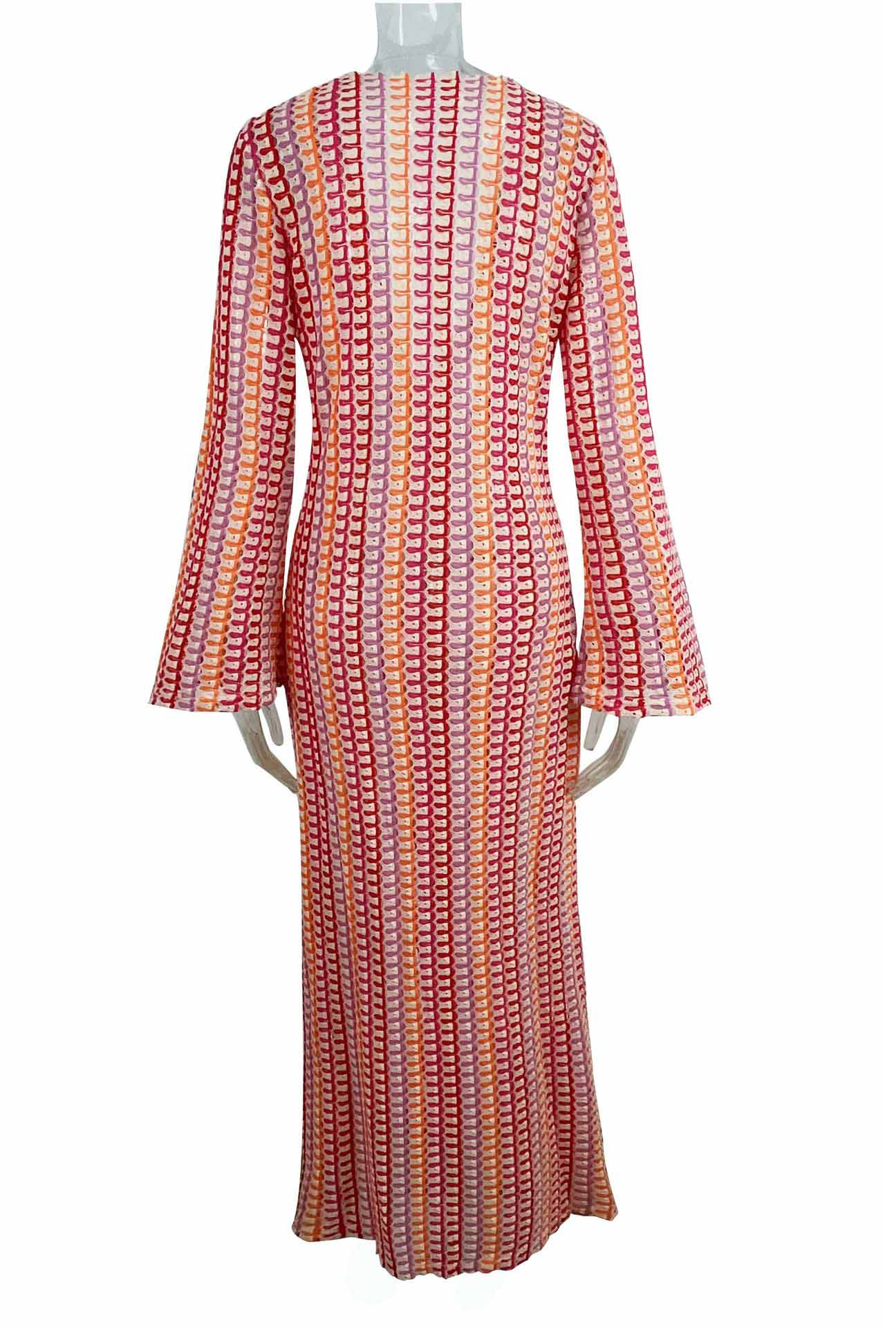 Pilar® | Boho V-Neck Bell Sleeve Maxi Dress, Wavy Striped Crochet Beach Holiday Maxi Dress