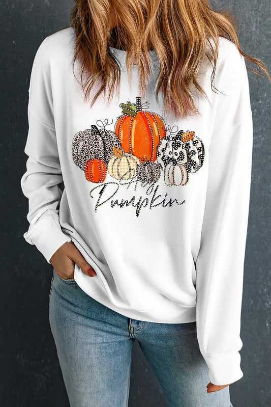 Marina | Drop shoulder crew neck sweatshirt with pumpkin graphic