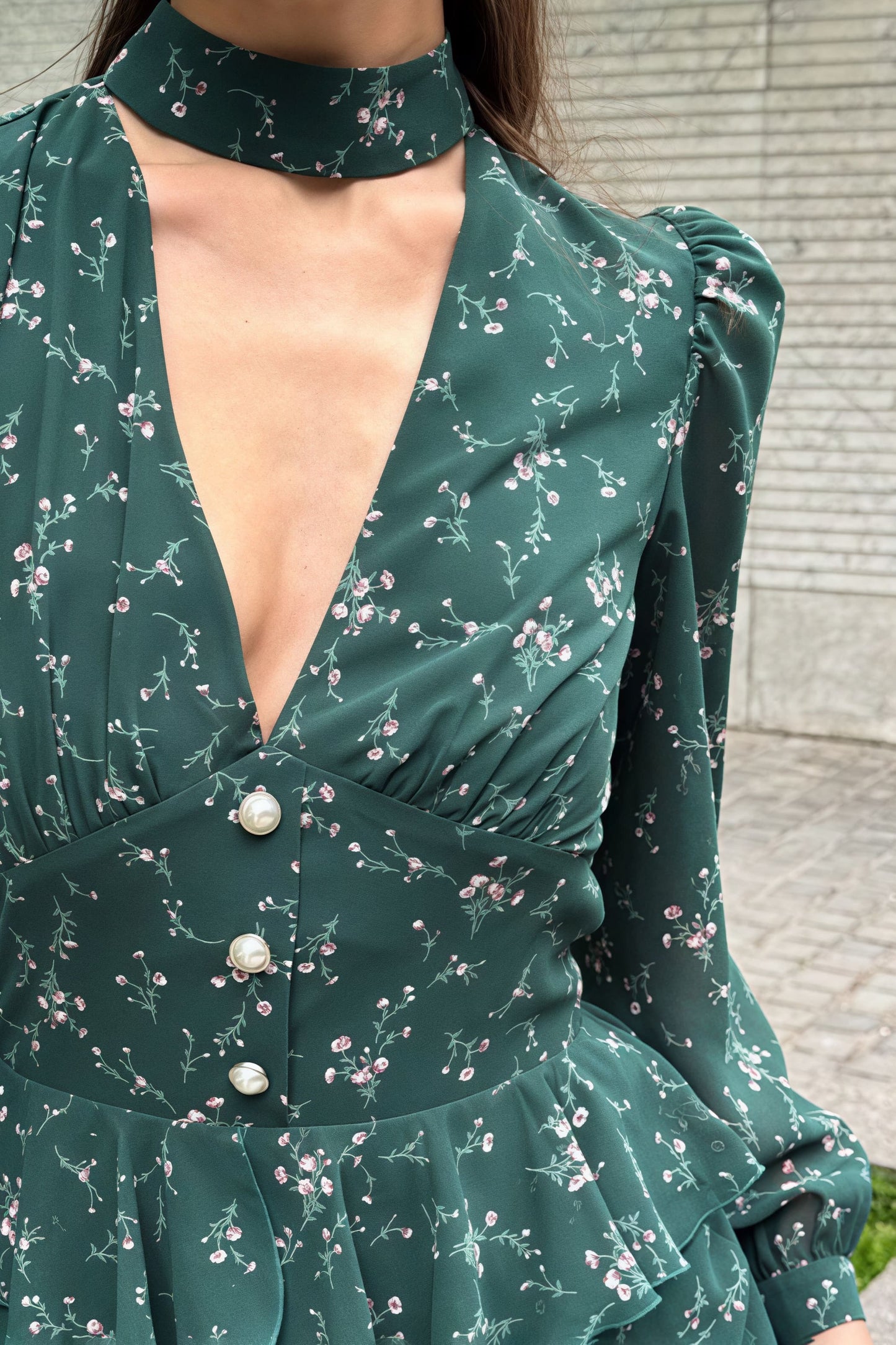 V Neck Long Sleeve Ruffled Floral Print Skirt Set