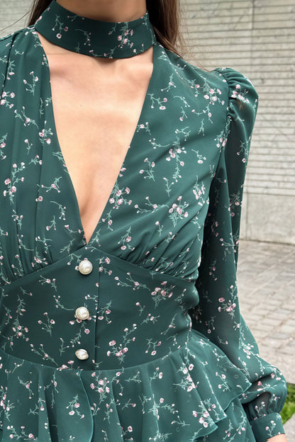 V Neck Long Sleeve Ruffled Floral Print Skirt Set