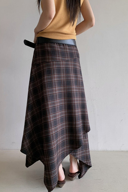 Asymmetric Plaid Midi Skirt