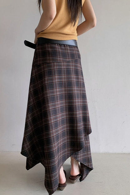 Asymmetric Plaid Midi Skirt
