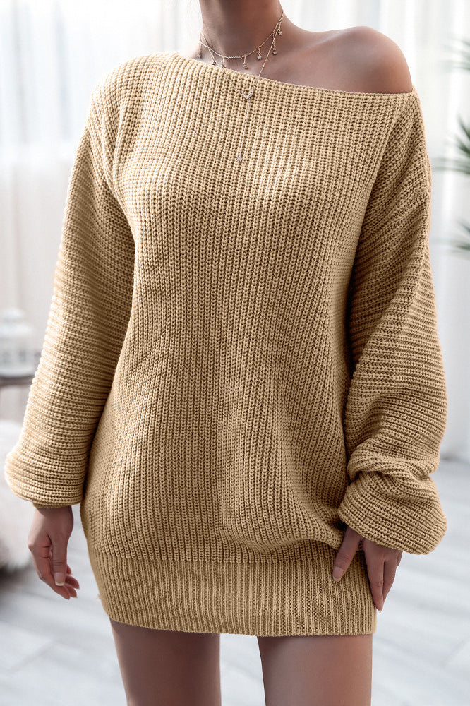 Ribbed Knit Boat Neck Long Sleeve Loose Mini Dress