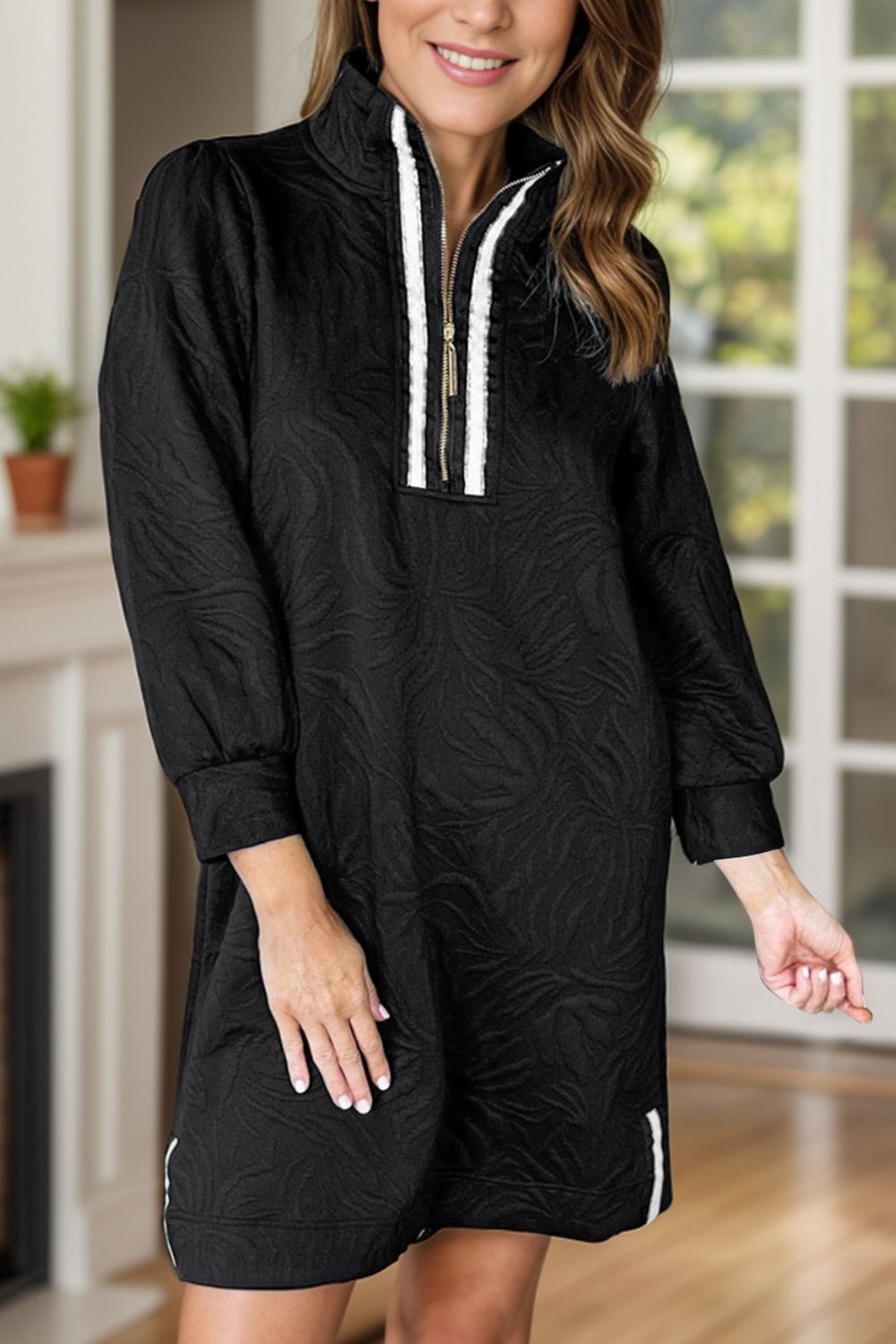 Lilian | Textured quarter zip long sleeve mini dress