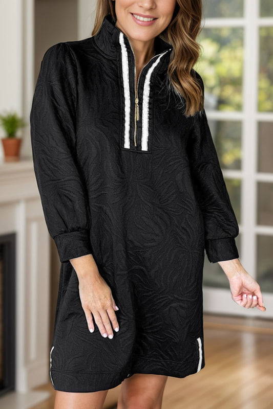 Lilian | Textured quarter zip long sleeve mini dress