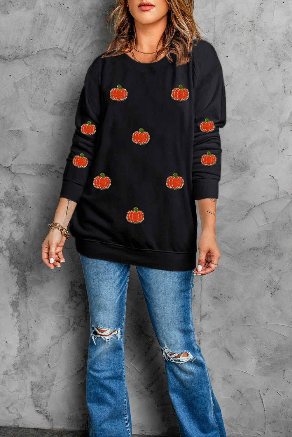 Flavia | Pumpkin long sleeve crew neck sweatshirt