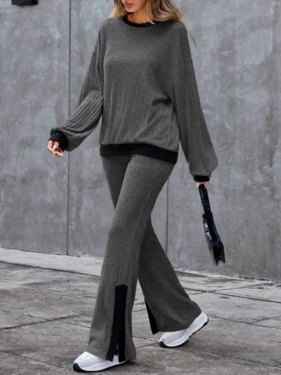 Wilma | Contrast crew neck long sleeve top and bootcut trousers set