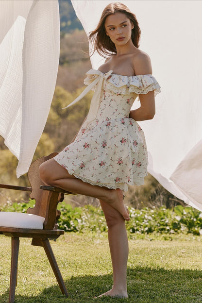 Sweet Floral Bow Off Shoulder Mini Dress