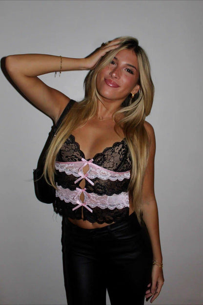 Sexy Black Pink Color Block Lace Trim Cami Top