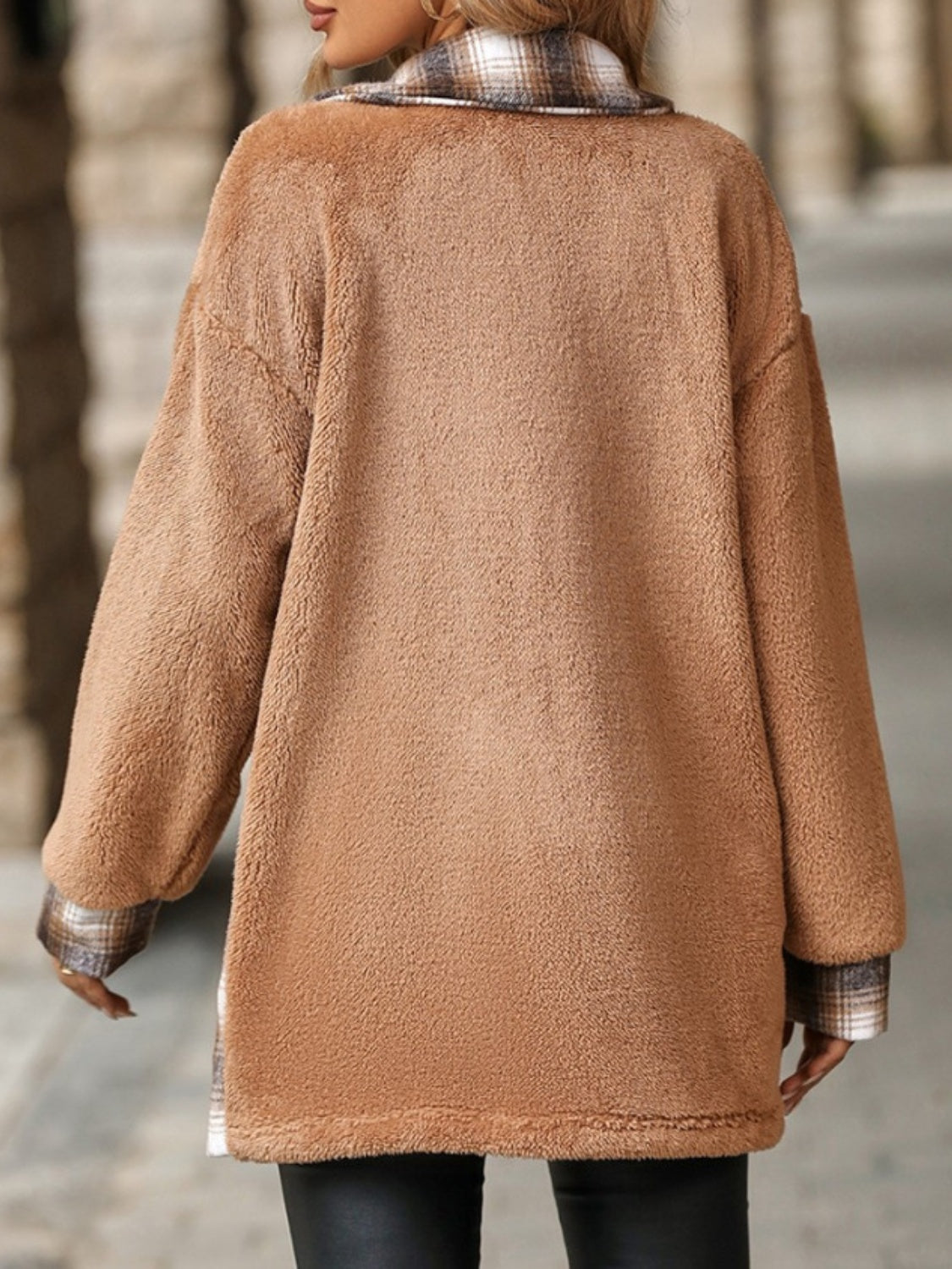 Marta | Checked buttoned fluffy outerwear with long sleeves
