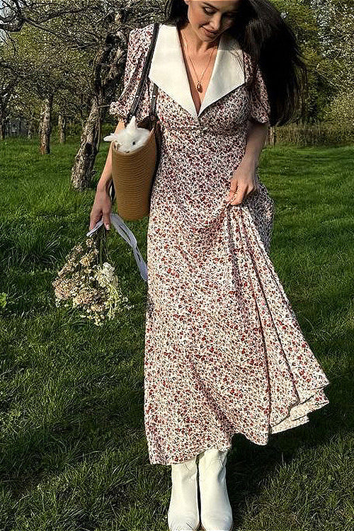 Puff Sleeve Digital Print Peter Pan Collar High Waist Maxi Floral Dress