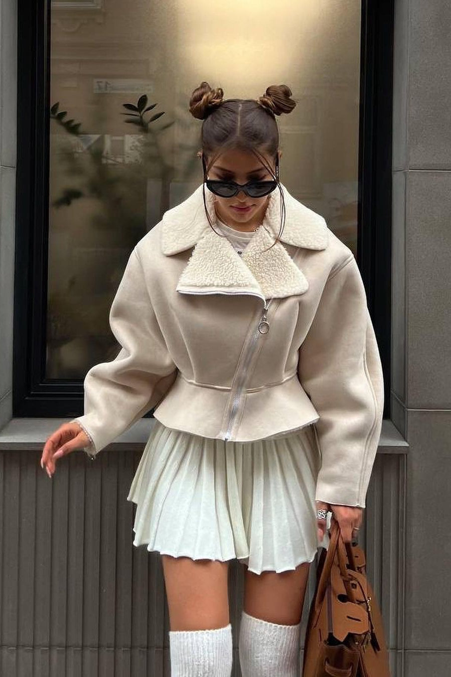 Chic Odd Zip Leather Fur Pieced Coat