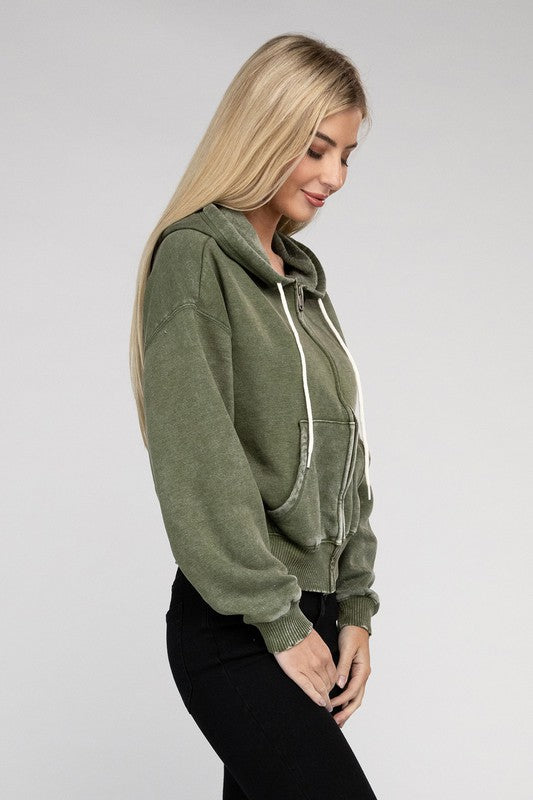 Fabiana | Cropped acid wash fleece zip-up hoodie