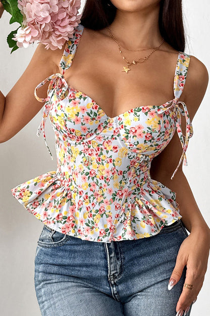 Floral Tie Adjustable Boned Ruffled Tank Top