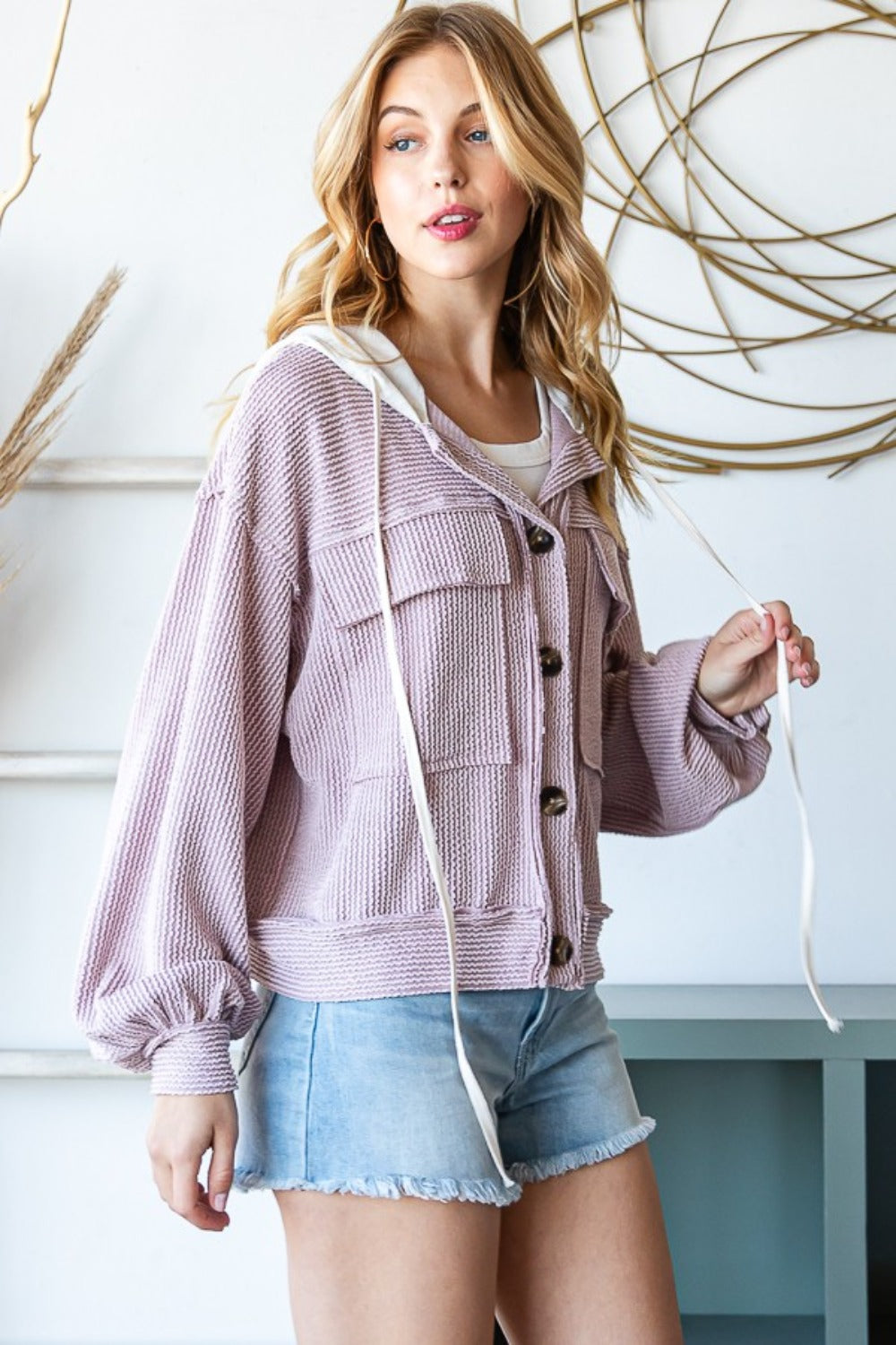 Erika | Reborn J contrast hooded button down ribbed jacket