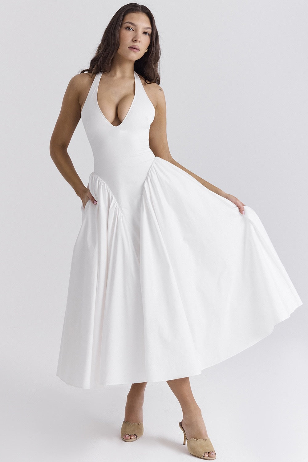 Olga® | White Cotton Halterneck Midi Summer Dress