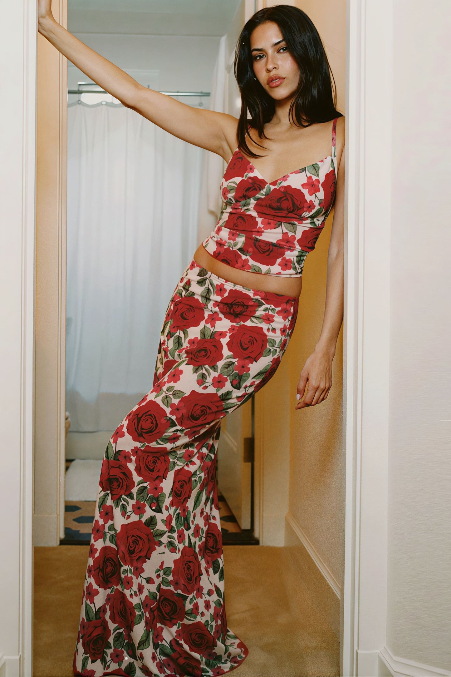 Floral Print Cami Bodycon Maxi Skirt Set