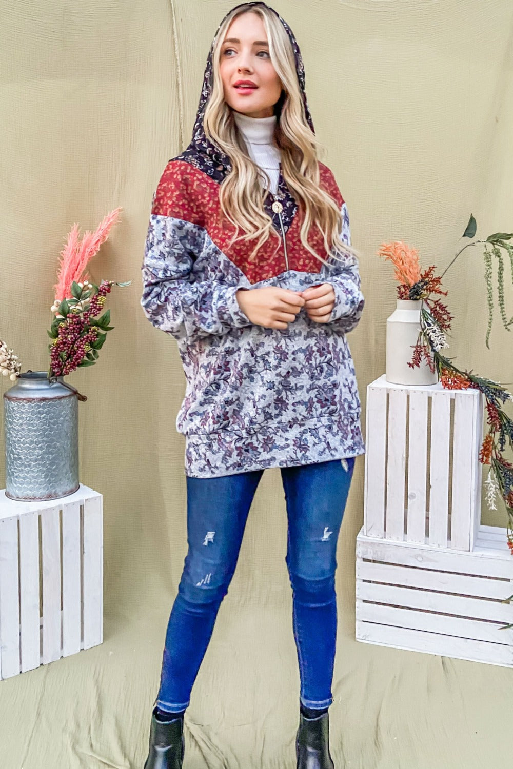 Elfriede | And The Why printed long sleeve half zip hoodie
