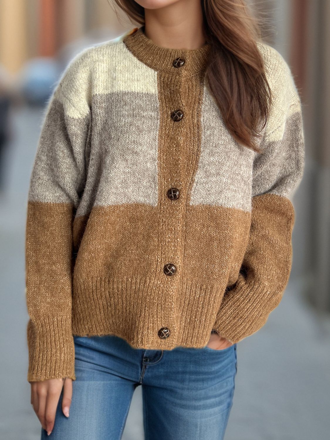 Jacqueline | Color block crew neck cardigan with buttons