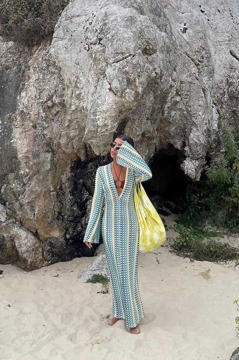 Pilar® | Boho V-Neck Bell Sleeve Maxi Dress, Wavy Striped Crochet Beach Holiday Maxi Dress