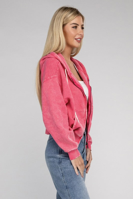Fabiana | Cropped acid wash fleece zip-up hoodie