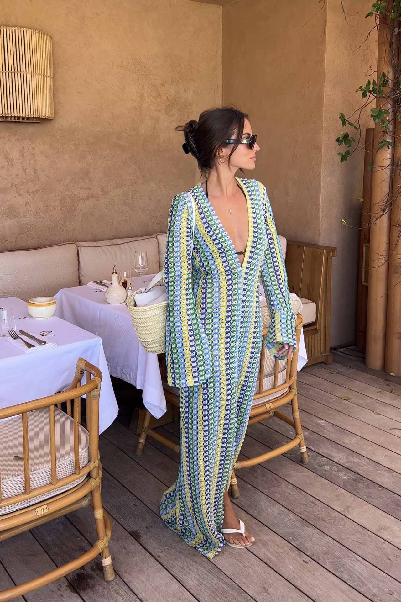 Pilar® | Boho V-Neck Bell Sleeve Maxi Dress, Wavy Striped Crochet Beach Holiday Maxi Dress