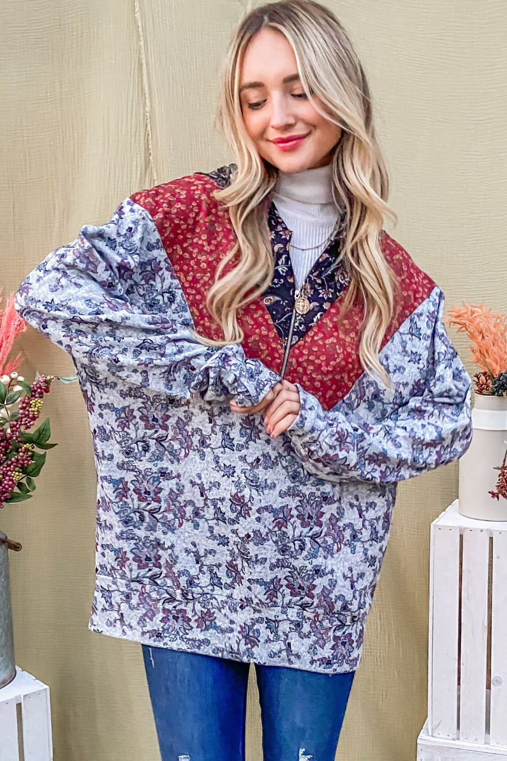 Elfriede | And The Why printed long sleeve half zip hoodie