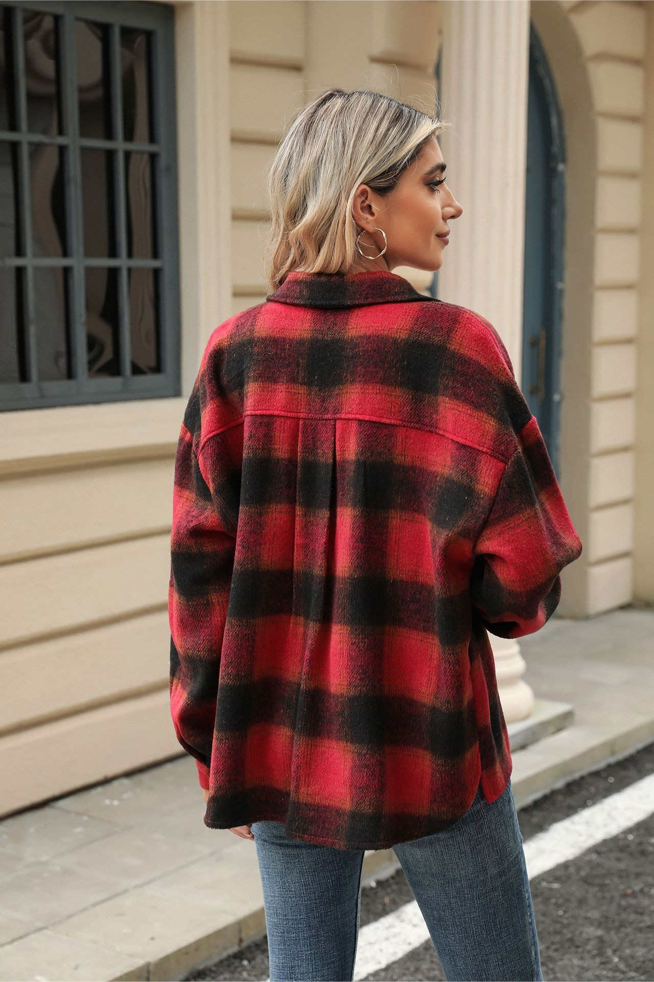 Loose Plaid Lapel Faux Wool Long Sleeve Coat