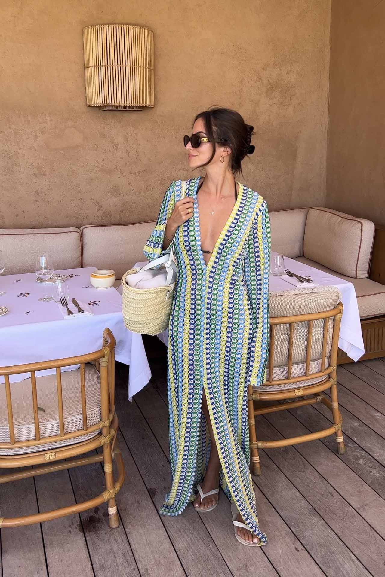 Pilar® | Boho V-Neck Bell Sleeve Maxi Dress, Wavy Striped Crochet Beach Holiday Maxi Dress