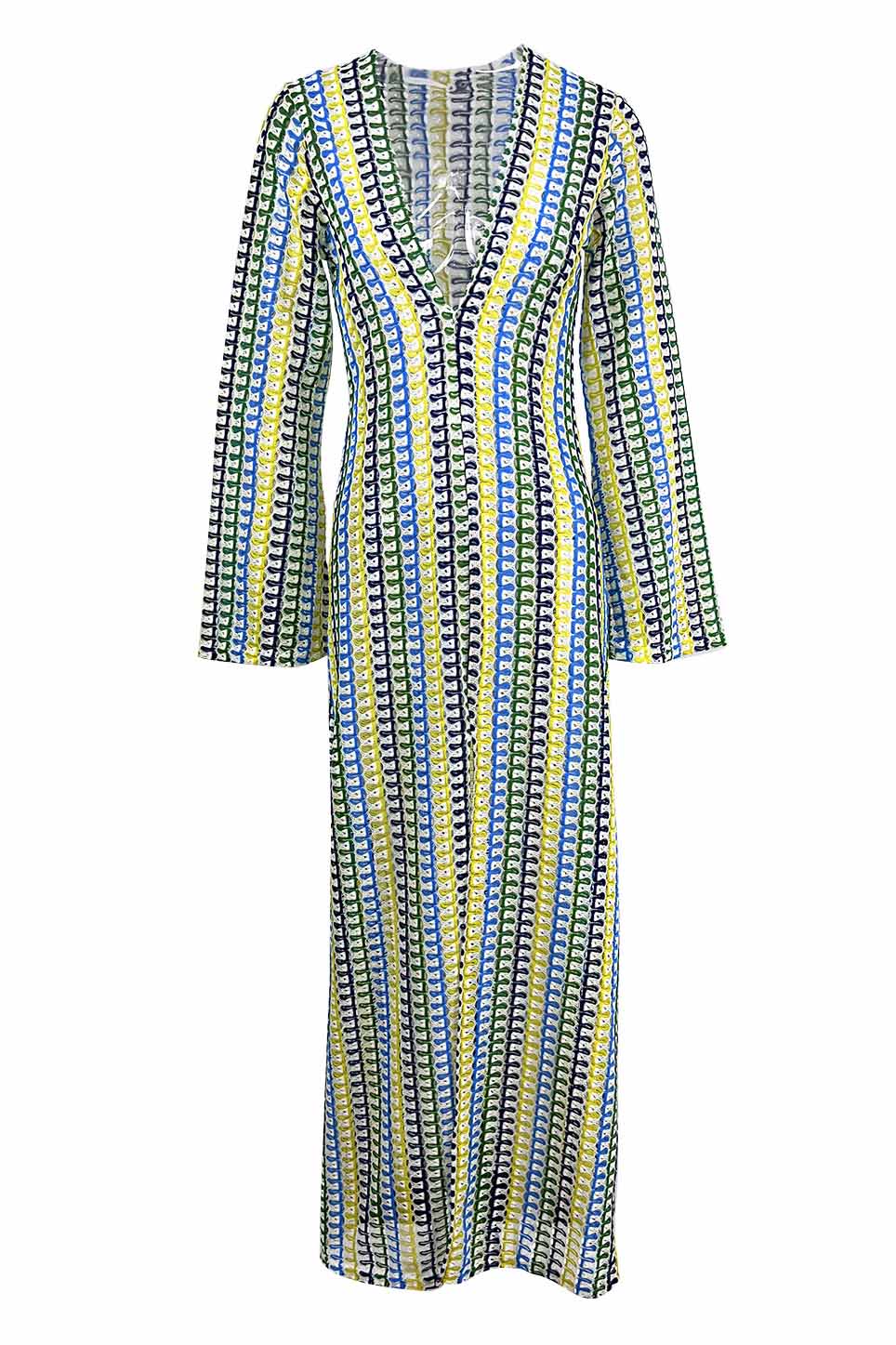 Pilar® | Boho V-Neck Bell Sleeve Maxi Dress, Wavy Striped Crochet Beach Holiday Maxi Dress