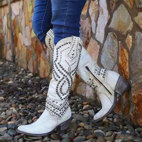 Cheri | Edgy High Boots – Distressed Faux Leather – Rivet Detail – Thick Heel – Side Zipper