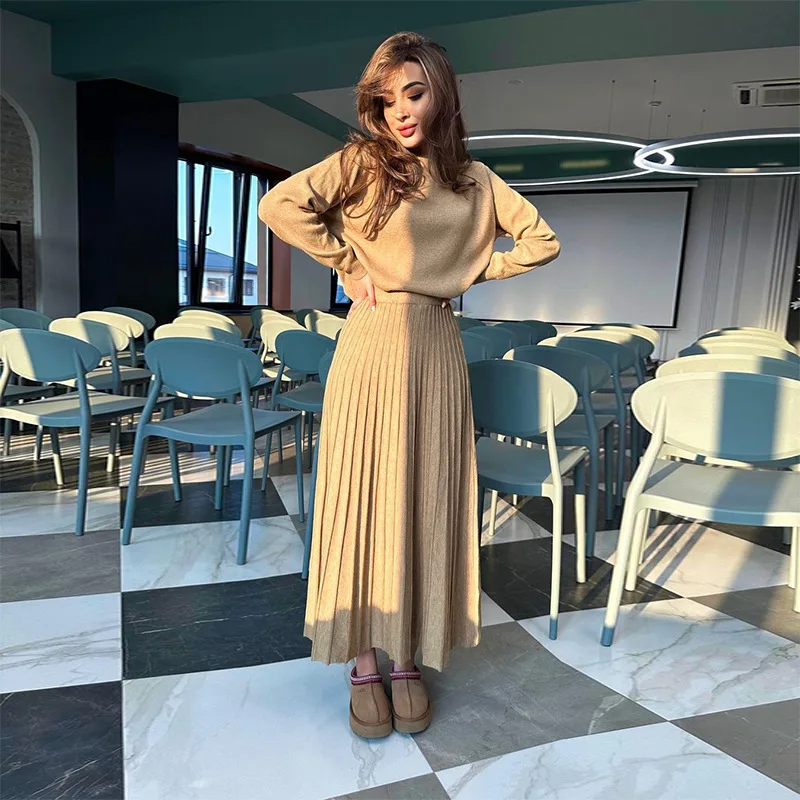Flora | Solid color long sleeve top and pleated skirts for women