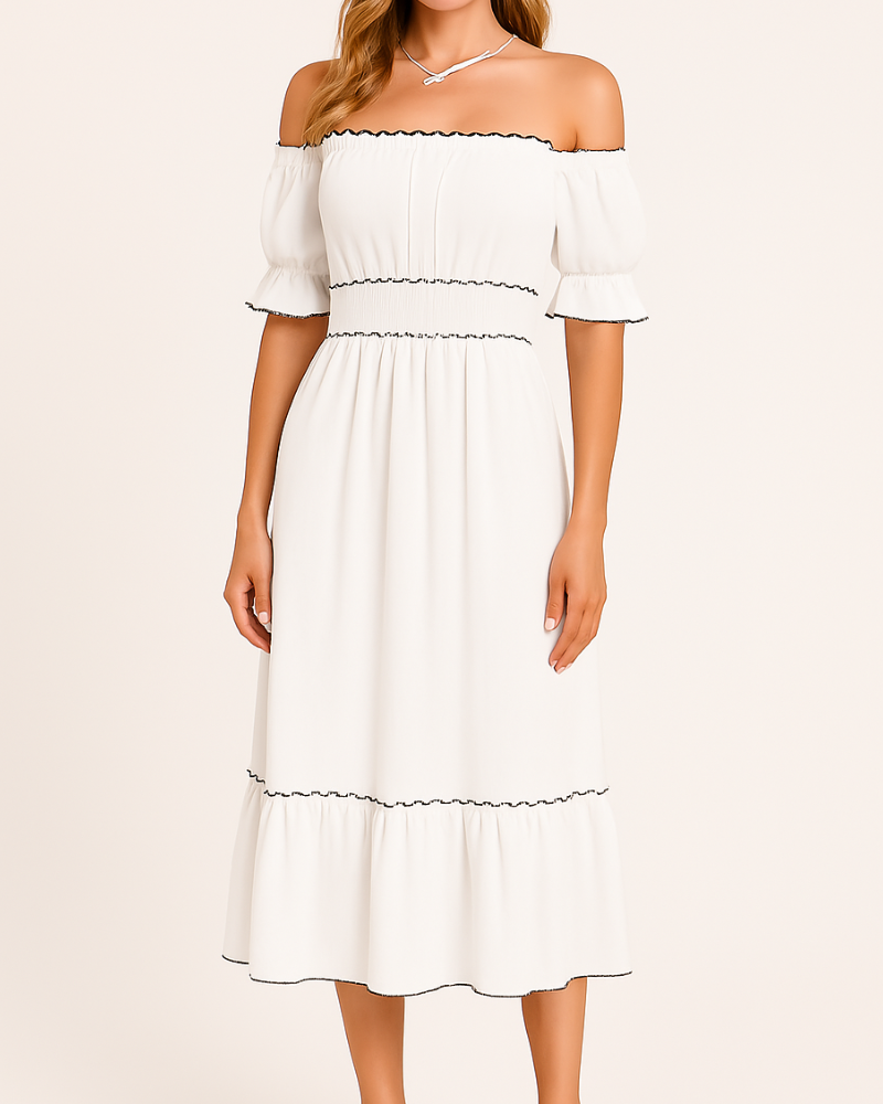 Jamie® | Elegant Off-The-Shoulder Midi Dress