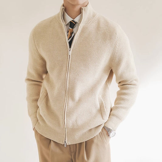 Men's Slim Fit Zip Cardigan with Ribbed Texture and Stand Collar