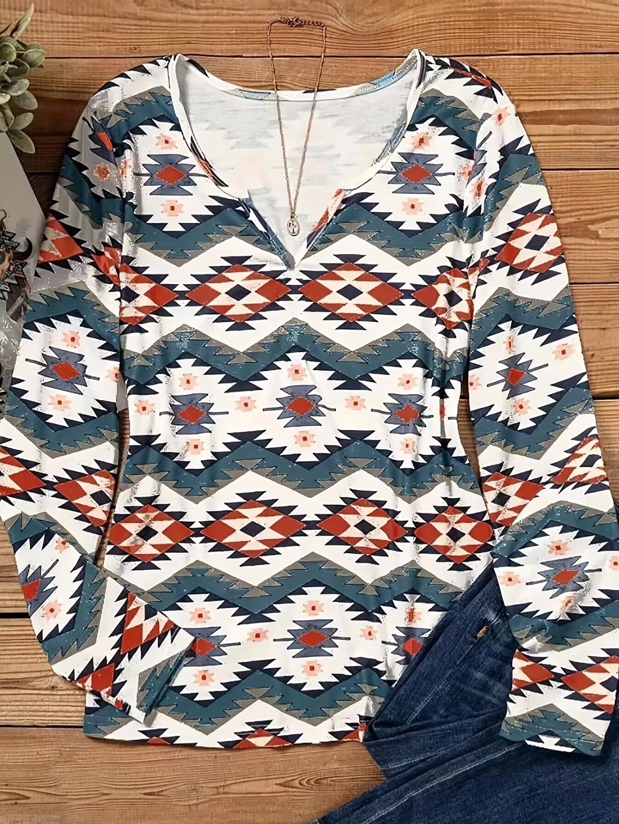 Pink | Long-sleeved cotton T-shirt with a geometric print