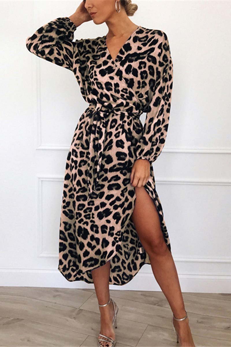 Lucia® | Elegant V-Neck Midi Dress With Leopard Print Waistband