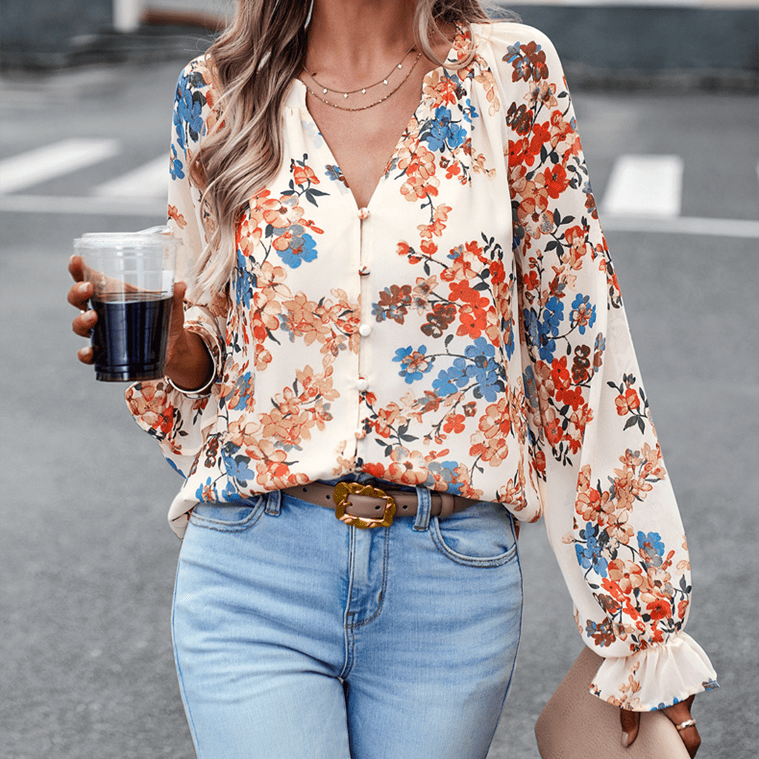 Sophia® | Elegant Floral Long-Sleeved V-Neck Blouse