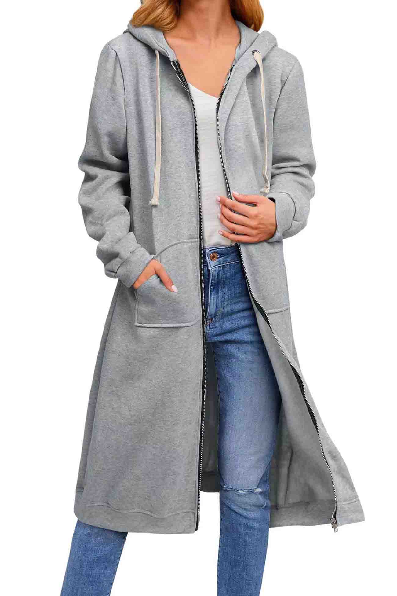 Jacqueline | Solid long cardigan with hood and drawstring and zip fastening