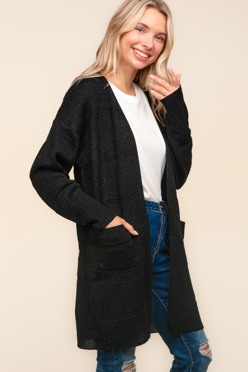 Judith | Structured, open front cardigan with tactile stripes and pockets