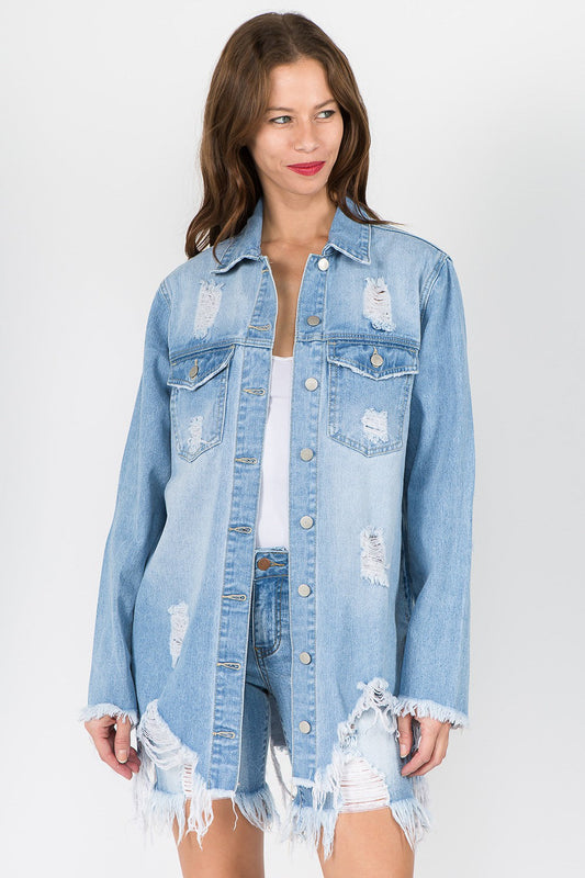 Frida | American Bazi distressed denim jacket with frayed hem
