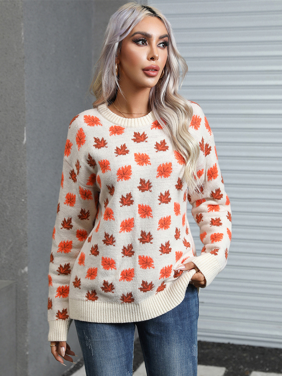 Araceli | Maple leaf long sleeve crew neck sweater