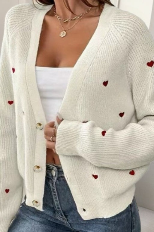 Heart Embroidery V Neck Cardigan